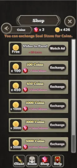 The shop, where Soul Stone becomes coins